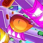 紫色の背景に、オレンジ色のキャラクターが様々な障害物を避けて進む様子。