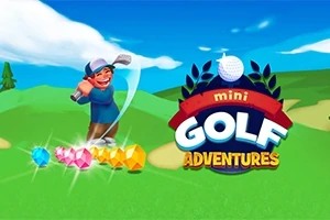 ゴルフクラブを持ったキャップをかぶった笑顔の人物とカラフルな宝石、右側に「mini GOLF ADVENTURES」のロゴがある緑豊かな背景のイラスト。