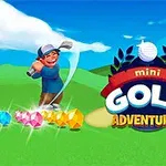ゴルフクラブを持ったキャップをかぶった笑顔の人物とカラフルな宝石、右側に「mini GOLF ADVENTURES」のロゴがある緑豊かな背景のイラスト。