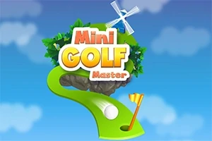 緑のゴルフコース、旗、ゴルフボール、風車、そしてカラフルな「Mini Golf Master」の文字が描かれたイラスト。