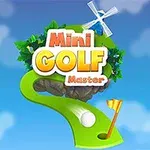 緑のゴルフコース、旗、ゴルフボール、風車、そしてカラフルな「Mini Golf Master」の文字が描かれたイラスト。