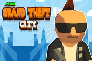 サングラスをかけたモヒカンのキャラクターと「MINI GRAND THEFT CITY」のタイトルが青い空と都市の背景とともに描かれている。