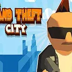 サングラスをかけたモヒカンのキャラクターと「MINI GRAND THEFT CITY」のタイトルが青い空と都市の背景とともに描かれている。