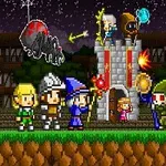 複数のキャラクターが中世風の塔の前でドラゴンや怪物と対峙するピクセルアートのシーン。