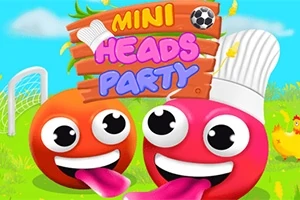 赤とオレンジのキャラクターが芝生の上で笑顔を見せる背景に、ゲーム名「MINI HEADS PARTY」の文字。