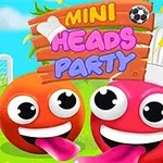 赤とオレンジのキャラクターが芝生の上で笑顔を見せる背景に、ゲーム名「MINI HEADS PARTY」の文字。