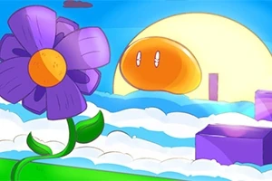 紫色の花と雲に浮かぶ丸いキャラクターがいるカラフルな背景のイラスト。