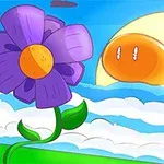 紫色の花と雲に浮かぶ丸いキャラクターがいるカラフルな背景のイラスト。