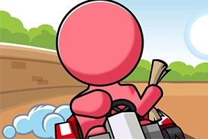ピンク色のキャラクターがカートに乗ってダートトラックを走行しているイラスト。