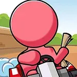 ピンク色のキャラクターがカートに乗ってダートトラックを走行しているイラスト。