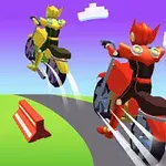 赤と黄色のバイクに乗ったスーパーヒーロー風のキャラクターが空をバックに曲がりくねった道を走っている。