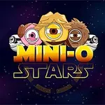 星空の背景に、三つのかわいらしいキャラクターが「MINI-O STARS」というタイトルの上に配置されているイラスト。
