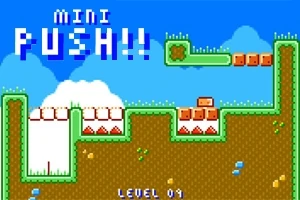 青空と雲を背景に、緑のプラットフォームと茶色のブロックが配置されたドット絵のステージ。