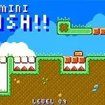 青空と雲を背景に、緑のプラットフォームと茶色のブロックが配置されたドット絵のステージ。