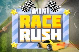青と白のストライプの枠に「MINI RACE RUSH」と書かれた文字と、チェッカーフラッグ、黄色い車が描かれています。