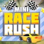 青と白のストライプの枠に「MINI RACE RUSH」と書かれた文字と、チェッカーフラッグ、黄色い車が描かれています。