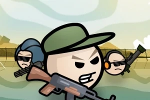 緑の帽子をかぶったキャラクターが銃を構えて戦闘態勢で立ち、その後ろに白いフェンスと銃を持つ仲間がいるイラスト。
