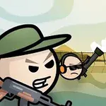緑の帽子をかぶったキャラクターが銃を構えて戦闘態勢で立ち、その後ろに白いフェンスと銃を持つ仲間がいるイラスト。