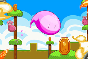 空に浮かぶピンク色のスライムキャラクターとコインがあるカラフルな風景。