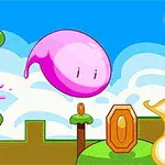 空に浮かぶピンク色のスライムキャラクターとコインがあるカラフルな風景。