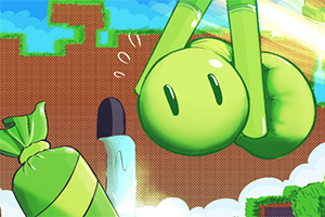 緑色のキャラクターが空中でジャンプしている様子が描かれたコミカルなイラスト。