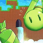 緑色のキャラクターが空中でジャンプしている様子が描かれたコミカルなイラスト。