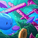 青いスライム状のキャラクターがトゲ付きの障害物と紫の結晶に囲まれて漂うシーン。