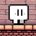 ピクセルアートスタイルでレンガの背景に立つ白いキャラクター。