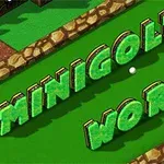 緑の芝生と石の境界に囲まれたミニゴルフコースに「MINIGOLF WORLD」と書かれた立体的な文字が配置されています。