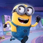 青いオーバーオールを着た黄色いキャラクターが笑顔で走っている。