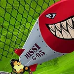 緑の背景に、大きな歯を持つ赤い顔が描かれたミサイル。