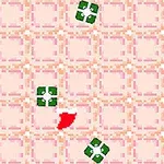 ピンクの格子柄の背景に、緑と赤の四角い模様と中央に赤い形が配置されています。