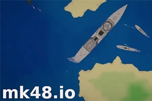 青い海と島々の上に3隻の灰色の軍艦が配置されている画像。