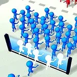 青いスティックフィギュアの群れが、透明な障害物を通過しようとしている様子。
