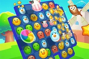 青と緑の背景に、さまざまな動物の顔とカラフルなボールが並んだゲーム盤が描かれています。