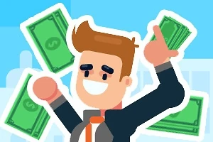 ネクタイをしている笑顔の男性が両手に紙幣を持っているイラスト。