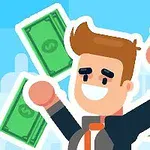 ネクタイをしている笑顔の男性が両手に紙幣を持っているイラスト。