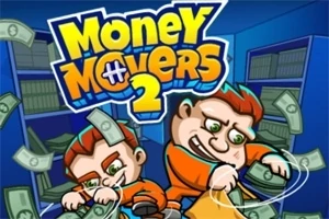 青い背景に二人のキャラクターが紙幣を持っており、その上に大きな文字で「Money Movers 2」と書かれているイラスト。