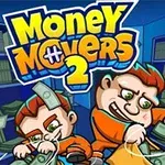 青い背景に二人のキャラクターが紙幣を持っており、その上に大きな文字で「Money Movers 2」と書かれているイラスト。