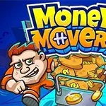 青い背景に、オレンジの服を着た二人のキャラクターが金貨の入った手押し車を運んでいるイラスト。