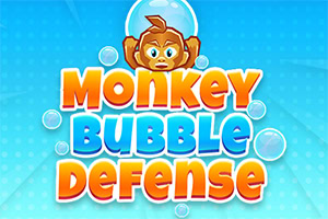 青い背景に、大きな文字で「MONKEY BUBBLE DEFENSE」と書かれたテキストと、泡の中にいるサルのイラスト。