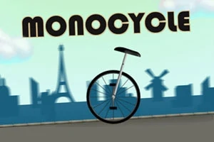 雲のある空と都市のシルエットを背景にしたモノサイクルのイラスト。