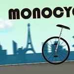 雲のある空と都市のシルエットを背景にしたモノサイクルのイラスト。