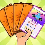 手に持った数枚のカードがあり、そのうち1枚はキャラクターとステータスが描かれたイラストカード。