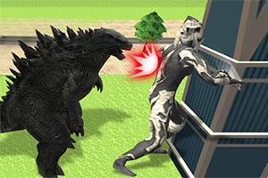 黒い怪獣が白黒のキャラクターに向かって攻撃しており、建物の前にいる。