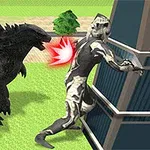 黒い怪獣が白黒のキャラクターに向かって攻撃しており、建物の前にいる。