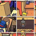 段ボールやおもちゃ、紫色の手、ギターがあるカラフルなイラスト。