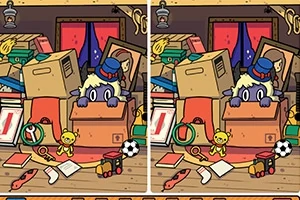 部屋の中に積み重なったダンボールの中から、帽子をかぶったキャラクターが顔を出し、周りにはぬいぐるみやサッカーボール、その他の小物が散らばっている。