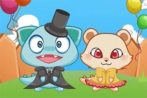 シルクハットをかぶった青いキャラクターとドレスを着た茶色のキャラクターが、カラフルな風船と青空の背景に立っているイラスト。