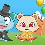 シルクハットをかぶった青いキャラクターとドレスを着た茶色のキャラクターが、カラフルな風船と青空の背景に立っているイラスト。